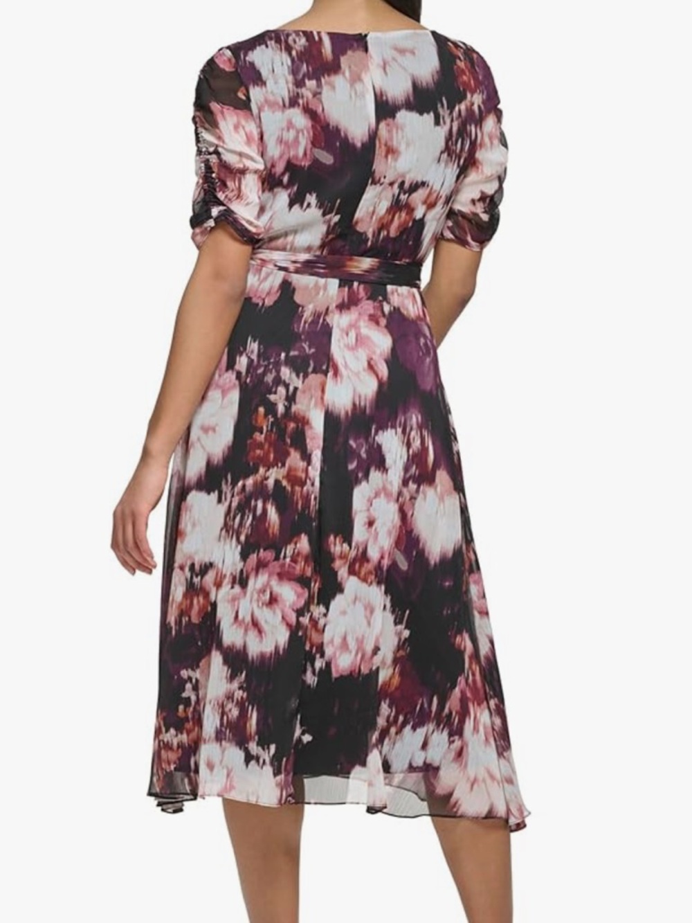 DKNY Plum & Black Floral Faux Wrap chiffon Midi Dress MWT - Picture 3 of 11
